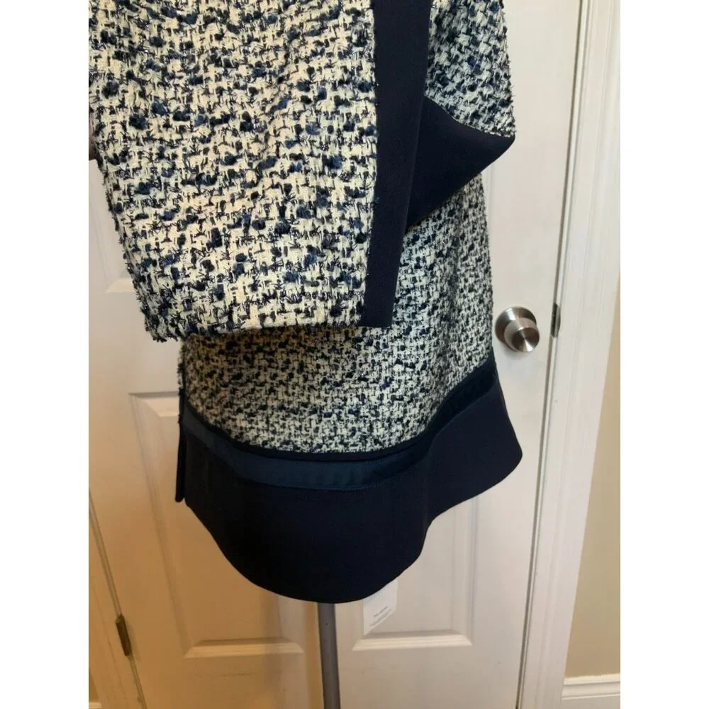 Tory Burch Lucille Metallic Tweed White & Navy Blue Wool Jacket, Size 14